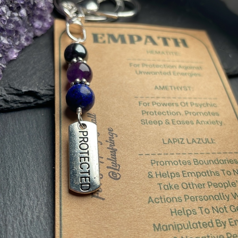 Hand Crafted Empath Protection Keychain with Purple Amethyst, Lapis Lazuli - Picture 3 of 7